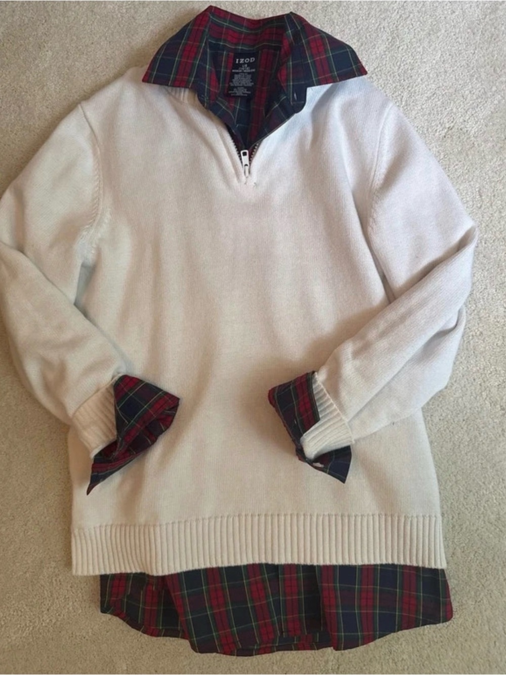 IZOD Boys White Half-Zip Sweater with Tartan Plaid Trim